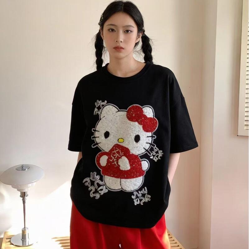 Embroidery Shirt - Niedliches Kurzarm-T-Shirt mit Hello Kitty-Motiv, Neuer
