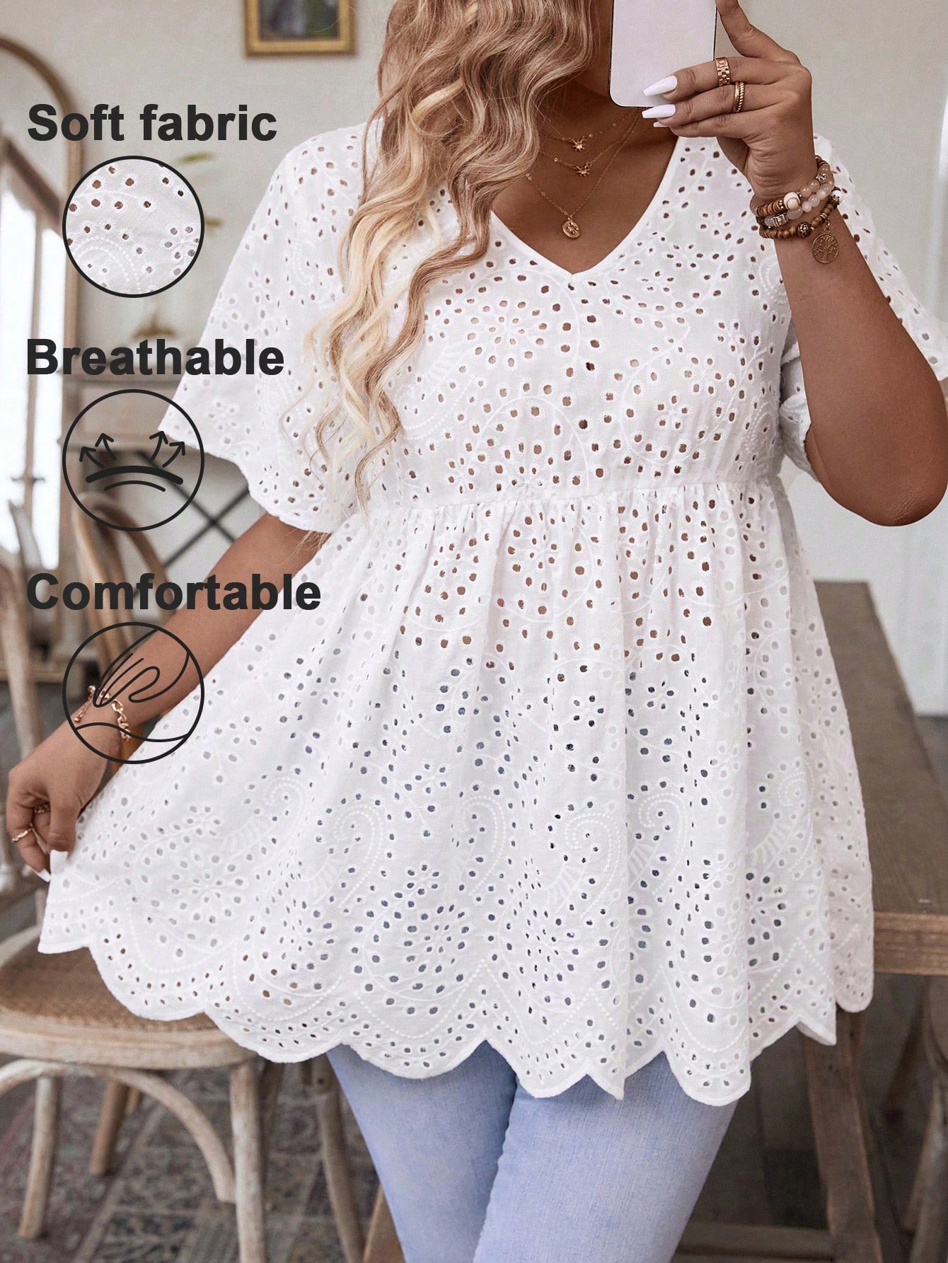 Embroidery Blouse - Damen-Oberteil in Übergröße mit weißer Lochstickerei