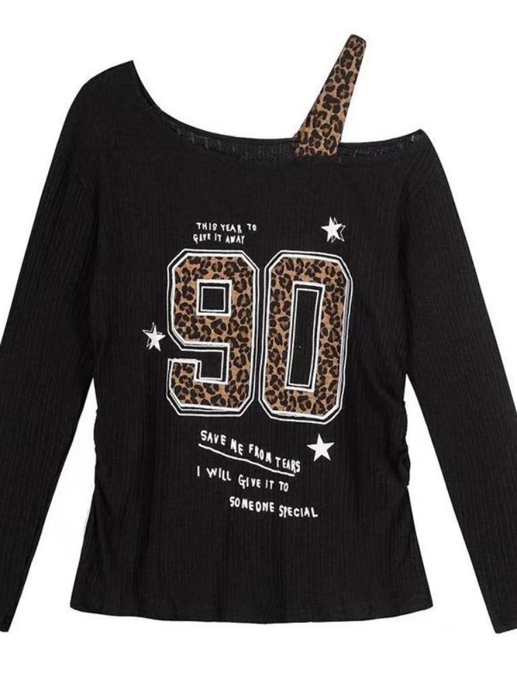 Embroidery Shirt - Y2K Patchwork Leopardenmuster T-Shirt Damen Locker