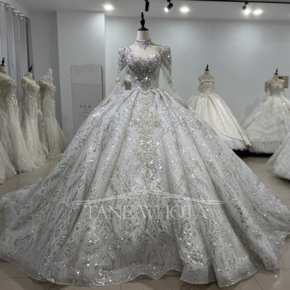 Embroidery Organza - Elegante Brautkleider Langarm Stehkragen Ballkleid Kristall