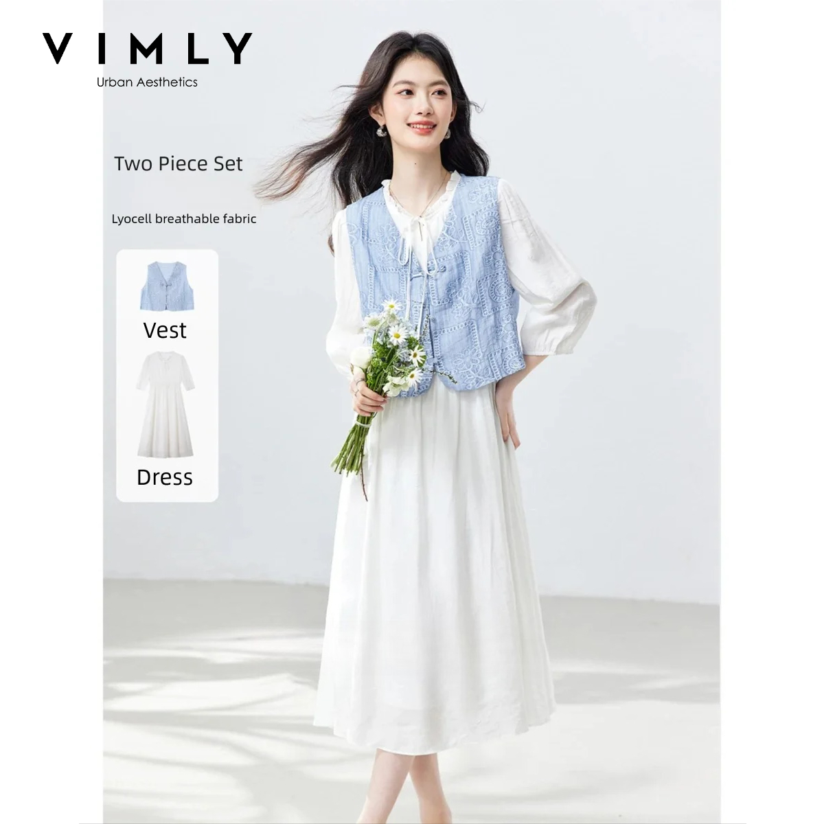 Embroidery Vest - VIMLY Damen Zweiteiler Set Lässig Elegant