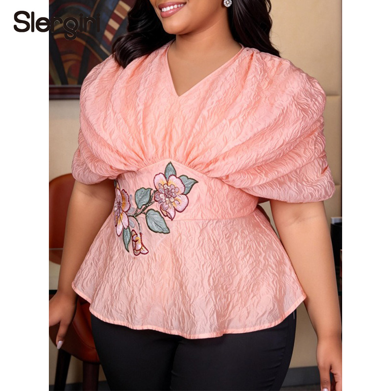 Embroidery Blouse - Slergiri Plus Size Bluse mit Blumenstickerei,