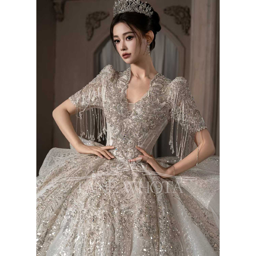 Embroidery Organza - Luxuriöses, kurzärmliges, perlenbesetztes und paillettenverziertes Ballkleid