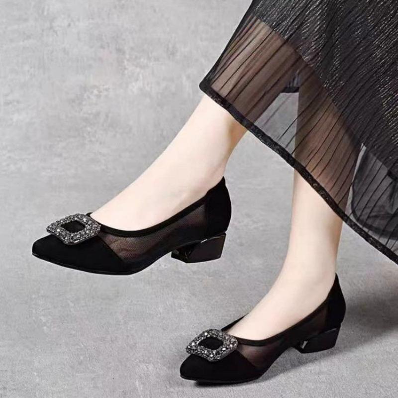 Embroidery Flat Shoes - Elegante Spitze Mesh-Pumps mit Blockabsatz, Strass-Quadratschnalle