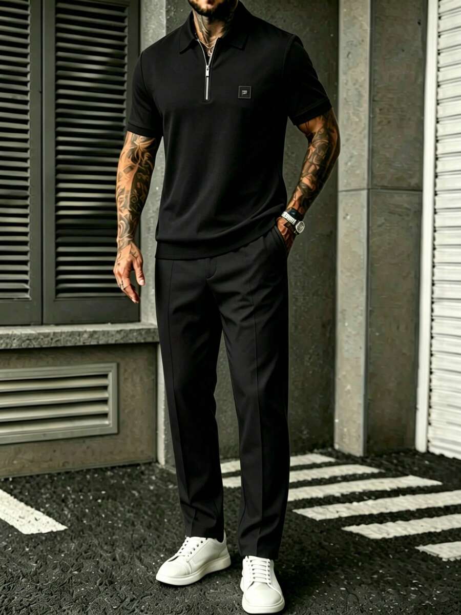 Embroidery Shirt - Herren-Set aus schwarzem Kurzarm-Reißverschluss-Shirt und Hose