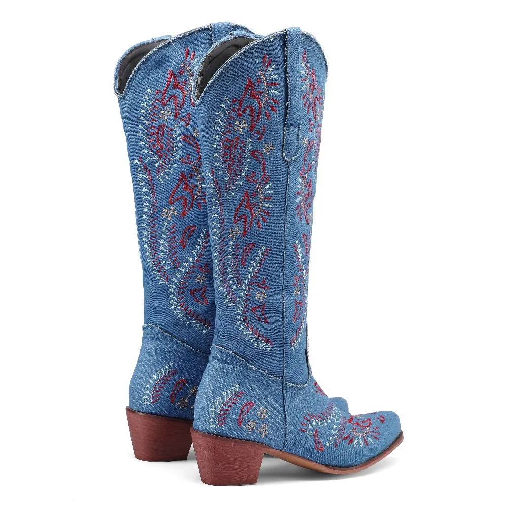 Blaue Denim Western Cowgirl Kn – Embroidery Flower Bewertung und Preis